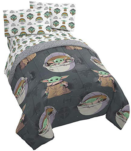 Star Wars Mandalorian Grogu Queen Comforter Set 5 Piece Bedding, Gray