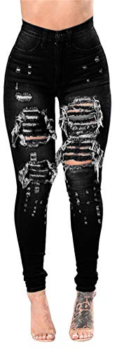 ORANDESIGNE Jeans de Mujer Jeans Casuales Cintura Alta Pantalones Rasgados Delgado Pantalones Ajustados Pantalones de Mezclilla Elásticos Casuales B Negro M