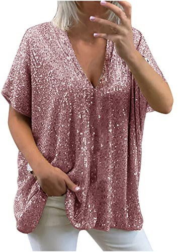 2023 Camiseta de Manga Corta Mujer, Moda Verano Color sólido Blusa Camisa Cuello en V Lentejuelas Camiseta Suelto Tumblr Tops Fiesta Casual T-Shirt Tallas Grandes Original tee cómodo Jersey Playa