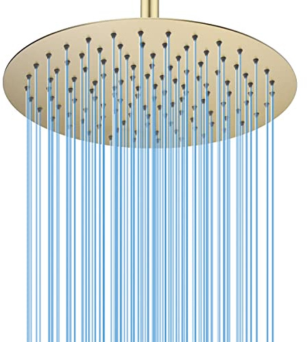 BSTIIU 12 Inch Round Rainfall Shower Head, High Pressure Overhead Shower Heads, Wall Ceiling Mounted Ultra Thin Stainless Steel Shower Head, Brushed Gold