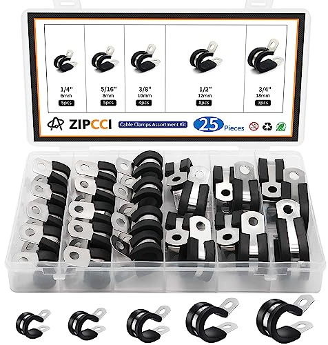 ZIPCCI Cable Clamps Assortment Kit, 25 Pack Stainless Steel Rubber Cushion Pipe Clips (1/4'' 5/16'' 3/8'' 1/2'' 5/8'' 3/4'' inch)