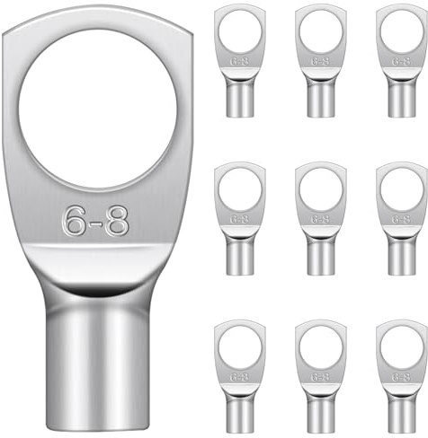 Hanibos Cable Lugs M8, Tinned Copper 6mm² Ring Crimp Terminals 10 Pcs | SC6-8 Uninsulated Tube Battery Cable Ends for Auto Batteries, Electrical Wiring and Distribution Boxes
