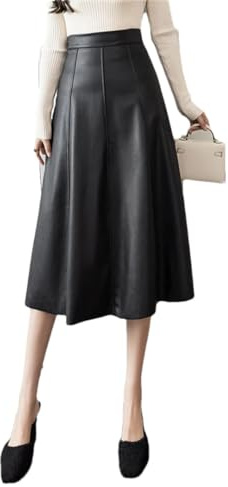 Pulcykp Gonne vintage in ecopelle PU da donna gonna da ufficio a vita alta casual lunga ombrello gonne, Nero , L