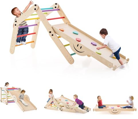 COSTWAY Juego de Escalada Montessori, Escalador de Madera Plegable con Rampa Ajustable y Reversible, Rocas de Escalada Coloridas y Balancín, Gimnasio de Escalada Interior para Niños (Multicolor)