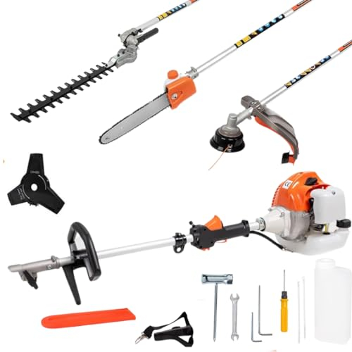 Débroussailleuse Thermique 4 en 1 52cc avec Tondeuse, Tronçonneuse, Taille-Haie e Coupe Bordures pour Le Jardinage