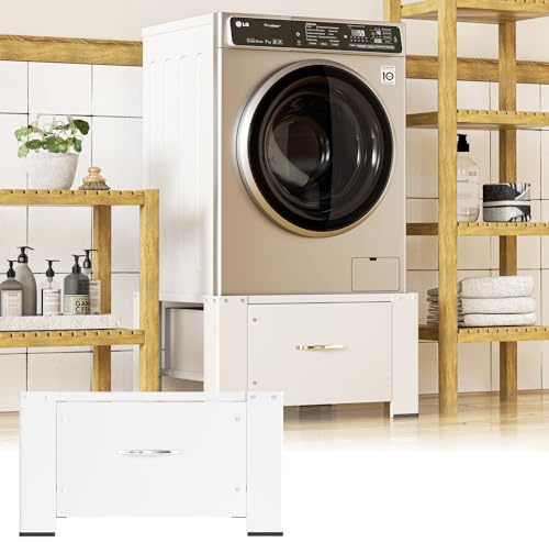 Fiqops 2 bases para lavadora con cajón hasta 150 kg, elevador para lavadora con cajón, base de acero máx. 62,5 x 54,5 x 32,5 cm, color blanco