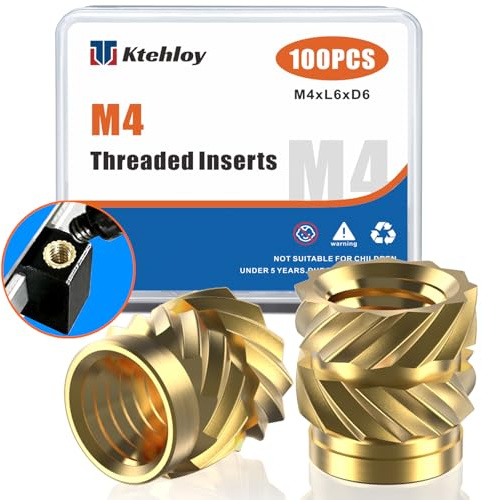 Ktehloy 100Pcs M4 Heat Set Inserts, Metric knurled Nuts Brass Heat Set Insert for Plastic Parts,Insert by Heat into 3D Printing Components (M4xL6xD6)