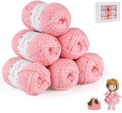 ilauke 6 Stück Chunky Häkelgarn für Anfänger, 6x50g Dickes Garn Baumwolle zum Häkeln, Gut Sichtbare Maschen Woll Zum Häkeln Baumwoll-Nylon-Garn für Anfänger Stricken, Rosa Häkelwolle