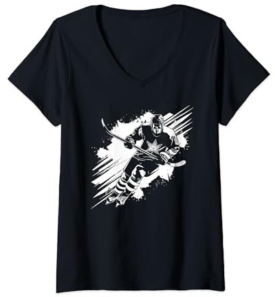 Damen Eishockeyspieler Eishockeyhelm T-Shirt mit V-Ausschnitt