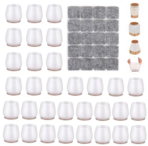 32PCS Protection Pied de Chaise Silicone + 20PCS Feutrine Autocollante Protege Embout Patin Tampon Embouts Protège Chaussette Cache Emboitable Antibruit Meubles Patte Transparent Rond S Fit 20-30MM
