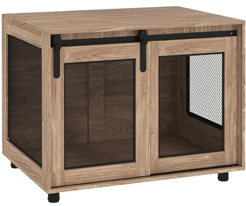 PawHut Dog Crate Furniture, Dog Cage End Table with Sliding Door, Pet Kennel for Medium Breeds, 80 x 58.5 x 63cm, Walnut Brown