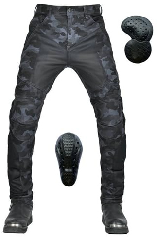 SHAIYOU Pantaloni Protettivi da Moto Jeans Mimetici da Uomo Traspiranti e Resistenti All'usura con 2 Paia di Protezioni Per Fianchi e Ginocchia Rimovibili (Blue,XL)