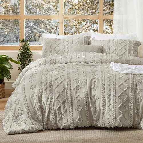 Bedsure Tufted Boho Comforter Set Oversized King - Linen Boho Bed Set, GentleSoft™ 3 Pieces Farmhouse-Style Embroidery Bedding, Gifts for Woman, Soft Jacquard Comforter for All Seasons
