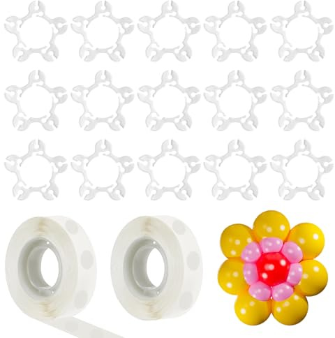 SYEYCW 60 Pcs Balloon Arch Clips, with 2 Rolls 100 Glue Point Stickers, Reusable Multi-Functional Plum Blossom-Shaped Balloon Rings Buckle, for Birthday Parties Wedding Venues Anniversary Celebrations