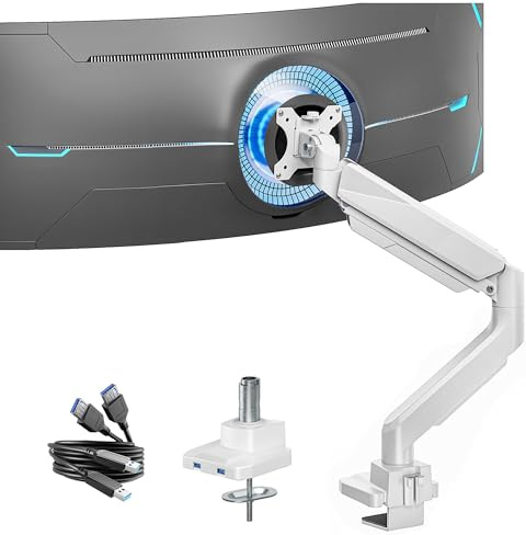 ARES WING Soporte Monitor con Puertos USB, Brazo Monitor para Pantallas Planas y Curvas de 17-45, Carga máx. 18 kg, Soporte Escritorio Altura Regulable, VESA 75/100 mm, Blanco