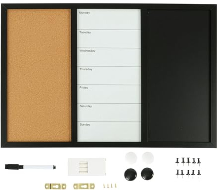 Relaxdays Tableau 3-en-1 Blanc, liège, Ardoise, Accessoires, magnétique, 40 x 60 cm, Multicolore