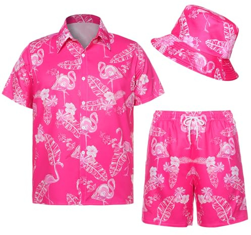 Apparlxer Hawaiian Shirts for Men Women,Mens Hawaiian Shirts Short Sleeve,Summer Floral Flamingo HawaiianShirt with Beach Shorts Bucket Hat,HawaiianClothing for Couples Holiday Beach