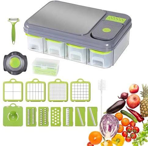 Affettaverdure a mandolina con 4 contenitori, scolapiatti, tagliere e affettatrice per insalata, cipolla, aglio e patate