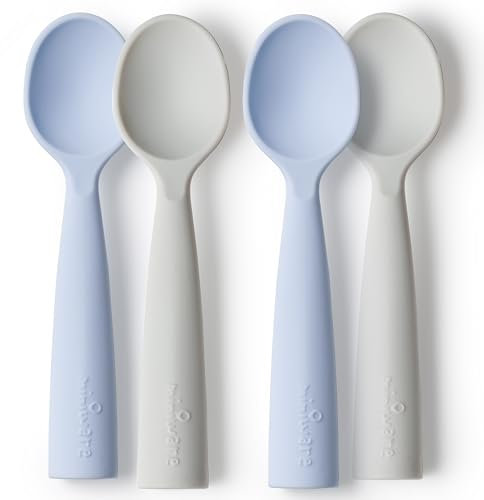 Miniware Silicone Baby Spoon for Training - BPA Free Baby Utensils - Baby Spoons Self Feeding 6 Months | 100% Food Grade Silicone - Modern & Dishwasher Safe Toddler Spoons (Grey and Lavender, 2 Pack)