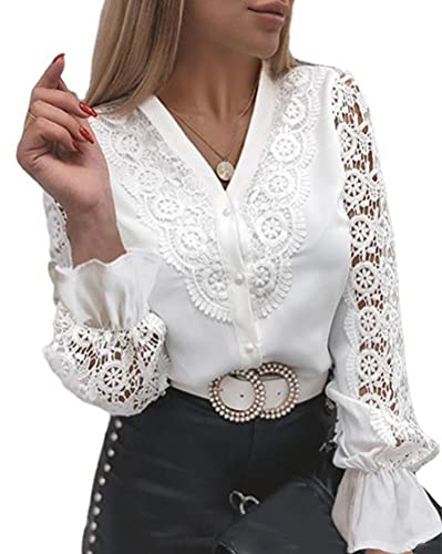 Minetom Donna Camicia Manica Lunga Blusa Elegante Maglietta Camicie in Pizzo Tinta Unita Oversize Scollo a V Shirt Top B Bianco XL