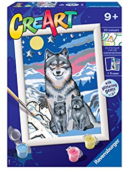 Ravensburger, CreArt, Lobos a la Luz de la Luna, Kit de Pintura, Pintar por Números, Juego Creativo para Niños y Niñas, 2 Pinceles y 1 Marco, Edad Recomendada 9+, 20044 3