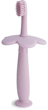 Mushie Silicone Training Toothbrush, for Infants and Toddlers, Suction Base for Easy Storage & Training, Material: Food Grade Silicone, Flower Design (Soft Lilac)