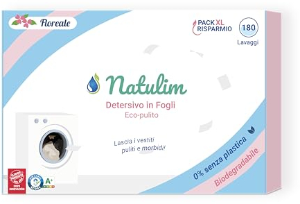 Natulim Waschmittel Blätter - Waschblätter für die Waschmaschine, Waschtücher für 180 Waschgänge - nachhaltige Waschstreifen ohne Plastik biologisch abbaubare Waschpapier Made in EU (Blumenduft)