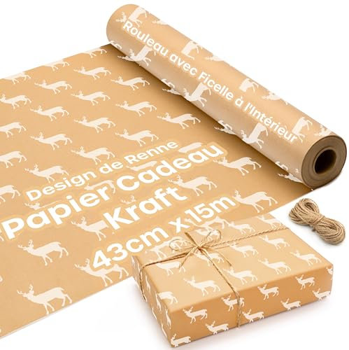 Kraftpapier Rolle mit Rentiere-Design - 15 m x 43 cm Geschenkpapier Rolle mit 2 Jute Schnüre - Braunes Packpapier, Ideal als Geschenkpapier Rolle & Weihnachtspapier Geschenkpapier