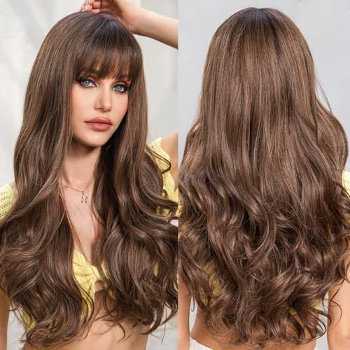 EMMOR Peluca Ombre Marrón Brillante - Peluca de Pelo Largo Rizado con Fibra Sintética Resistente al Calor - Flequillo con Apariencia Natural Diaria