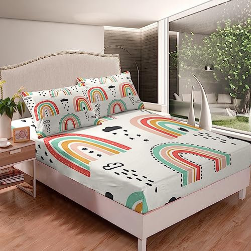 Tailor Shop Regenbogen-Spannbetttücher, volle Größe, Wolken-Spannbettlaken für Mädchen, buntes Spannbetttuch für Kinder, mit 2 Kissenbezügen