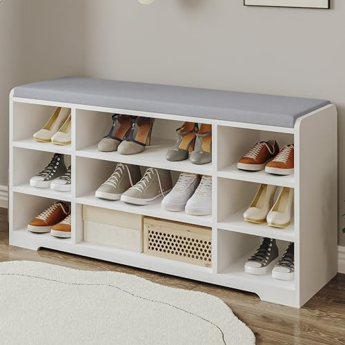 Hzuaneri Schuhbank, Schuhregal mit Sitzfläche, Sitzbank mit Stauraum, Kissen, 9 Fächer, 30 x 103 x 52,7 cm, verstellbare Ablagen, für Wohnzimmer, Flur, Schlafzimmer, weiß-grau SB10003X