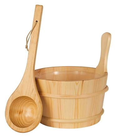 SUNNYDEALS klassisches Saunazubehörset | Saunaset 3-teilig aus naturbelassenem Holz | Saunaeimer & Kunststoffeinsatz 4l | Saunakelle