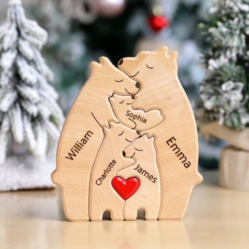 Personalisiertes Holzkunstpuzzle der Bärenfamilie mit 1-8 Namen, Holz Bär Skulpturen Desktop Ornament Weihnachts Home Tischdekoration, Geschenk für Familie, Oma, Opa Mama, Papa