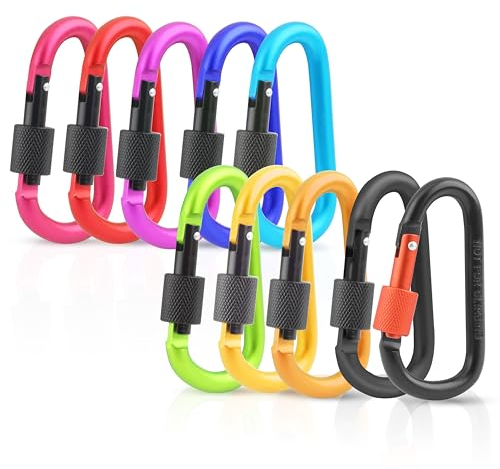 10 Stück Karabiner Schlüsselanhänger Mit Schraubverschluss - Gefederter Verschluss Aluminium Schraubkarabiner für Camping, Angeln, Wandern oder Reisen - Bunt