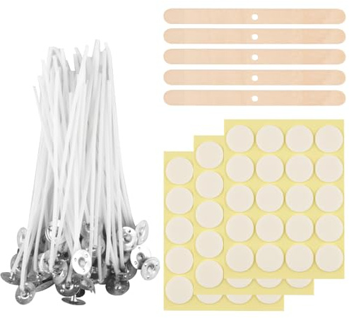 Candle Wicks for Making Candles, 100 Pcs 20cm Cotton Pre Waxed Candles Wicks with 5 Pcs Holders & 3 Sheets Dot Stickers, for Candle Making, DIY Crafts