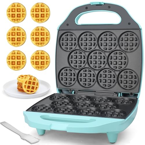 Baker's Friend, Bite-size Mini Waffle Maker for Kids & Adults, Small Waffle Maker Mini Belgian Waffle Machine, 11 X 2.2â Tiny Nonstick Waffles Iron, Recipe Included, Aqua