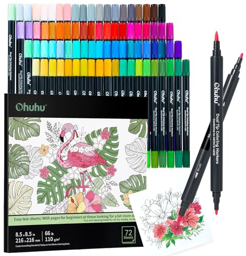 Ohuhu - Set di 80 pennarelli a punta pennello con 72 fogli da colorare - Pennarelli a doppia punta fine e pennello per libri da colorare per adulti senza sbavature