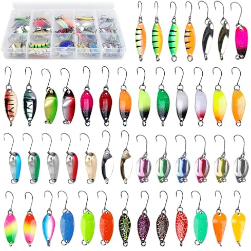 GBKDQQ Lot de 46 cuillères à truite - Clignotants pour truite - Crochets individuels - Clignotants - Kit de pêche - Spoons de pêche avec boîte de rangement - Accessoires de pêche pour perche, sandre,