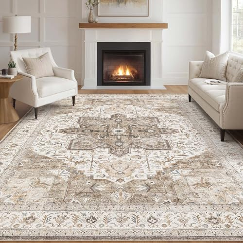 Tortania Area Rug Living Room Rugs - 8x10 Washable Boho Rug Vintage Oriental Distressed Farmhouse Large Thin Indoor Carpet for Living Room Bedroom Under Dining Table Home Office - Brown