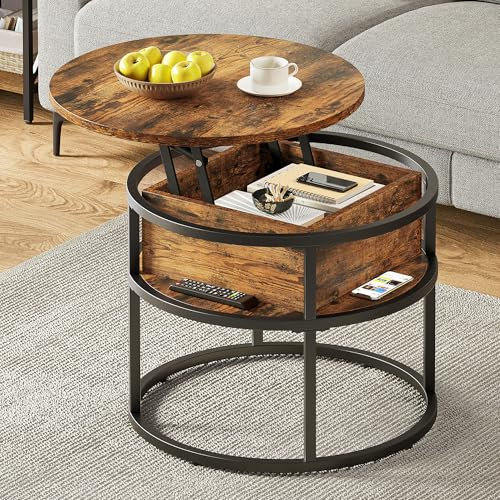 YITAHOME Couchtisch Rund mit Hebeplatte, Wohnzimmertisch Höhenverstellbar mit Stauraum 60x60x47cm, Couch Tisch Wohnzimmer für Home Office