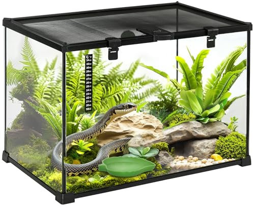 PawHut Terrario per Rettili Rialzato con Serratura e Porta per Alimentazione, Terrario per Tartarughe e Serpenti in Vetro Temperato e Rete Metallica, 50x30x35 cm, Nero