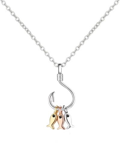 Fina fiskar och fiskekrokar halsband, söta fiskekrokar med små fiskhänge halsband, damer fiskekrokar fisk bitkrok hänge smycken för bästa vännen, gåva, (40 cm + 3,5 cm), m, Rostfritt stål, Ingen