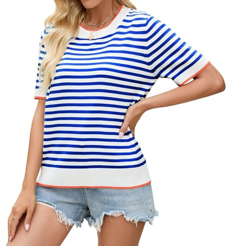 Quatrefox Short Sleeve Jumper Sweater Women Knitted Tops Striped Shirt Ladies Pullover Crewneck Tshirt Casual Loose T Shirt for Fall Spring Summer (Dark Blue, L)