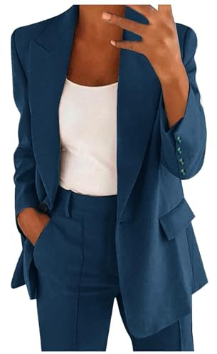 Blazer Suit Set Women Casual Elegant Plain 2 Piece Outfits Ladies Button Dressy Blazer Jacket And Elasticated Waist Trousers Set Spring Summer Women Suit For Business Work Office Formal