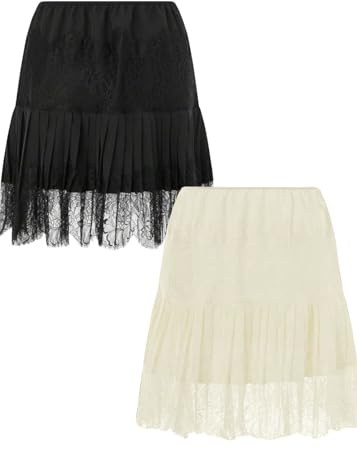 niyokki Women's Y2k Vintage Lace Slip Skirts Pleated Ruffle Floral Lace Tiered Short Mini Underskirt(Black and Beige-L)