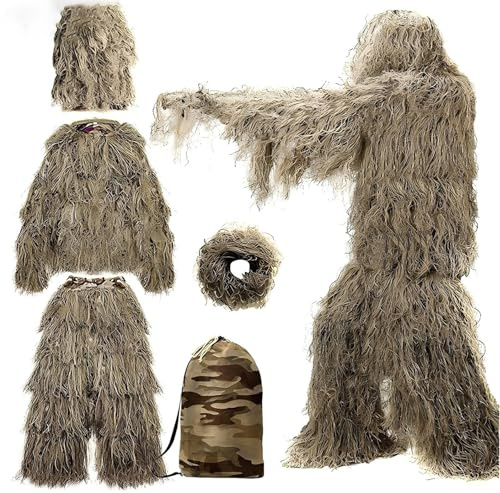 JuanNest 5 En 1 Traje De Francotirador,Hunting Ghillie Suit Desert,Traje Táctico,Camuflaje Ropa,3D Gillie Sigilo Hierba Marchita Ropa Camuflaje Cazador Al Aire Libre Selva Poncho B,H 170-180CM