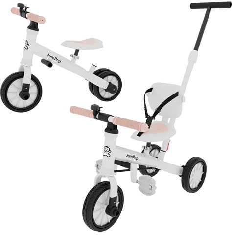 JumPop Triciclo Evolutivo 5 in 1 + Campanello con adesivi e video montaggio QR incluso | Triciclo Bebe 1 anno a 5 anni con accessori divertenti (Bianco/Beige)