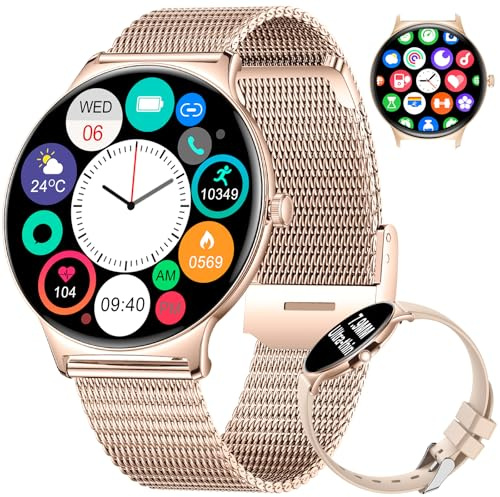 BENYAR SMART Montre Connectée Femme avec Appel Bluetooth, 1.43 HD AMOLED Ronde Smartwatch Femme, Fonction Féminine/100+ Modes Sport/Étanche IP68/Podomètre pour Android iOS, Bandeau en Maille Or Rose