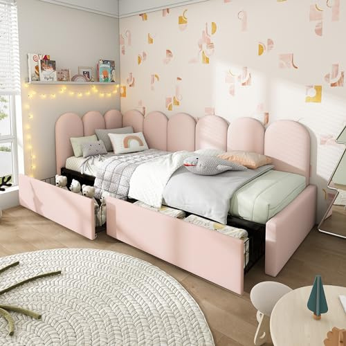 Merax Single Pink Upholstered Bed, 3ft Single Sofa Day Bed with Storage-2 drawers on wheels, with interchangeable Upholstered Fence, Slatted Frame, for Adults Children, Velvet/90x190cm(No Mattress)