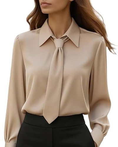 LCDIUDIU Chemise De Travail À Manches Longues pour Femme, Blanche, Couleur Unie, Revers, Nœud Papillon, Tunique, Décontractée, Classique, Coupe Slim, Bureau, Formel, T Shirt, Hauts, Kaki, XL